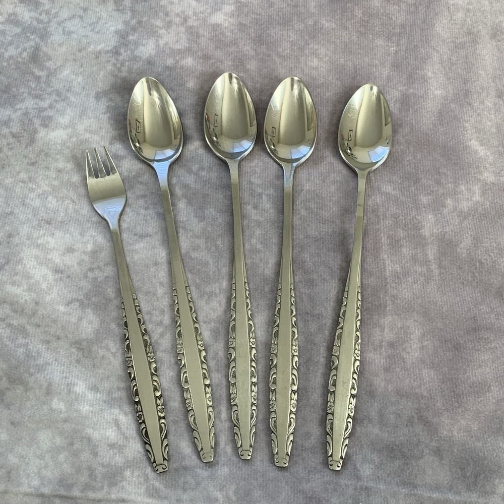 Vtg Northland Stainless Oneida Love Story 4 Long Handle Ice Tea Spoons & Fork